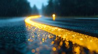 Glowing yellow road markings illuminate wet asphalt during rainfall at dusk, creating magical bokeh effect with reflective surface and moody atmosphere.