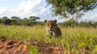 Young jaguar in natural habitat looking at camera while resting in green grass of savanna landscape with trees and cloudy sky in background.