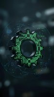 Digital gear with green circuit board patterns floating in futuristic tech environment with glowing data streams and bokeh effects for automation concepts.