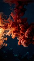 Vibrant orange and red ink clouds swirling through deep blue water creating dramatic abstract patterns for creative design projects and artistic backgrounds.