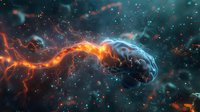Cosmic energy streams collide in space, orange fire meets blue plasma in dramatic celestial dance against dark starry background, abstract artistic visualization.