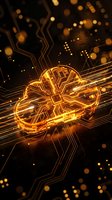 Glowing golden cloud symbol with circuit board patterns and bokeh lights on dark background, representing digital storage, data security, and cloud computing technology.