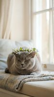 Gray tabby cat wearing a delicate floral crown of white baby's breath and green foliage, resting on a windowsill with soft natural light and cream curtains in background.