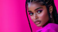 Young African American woman with braids and vibrant makeup against pink background, wearing magenta top. Dramatic beauty portrait with neon lighting for cosmetic and fashion campaigns.