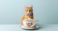 Ginger tabby cat sitting behind oversized teacup filled with colorful candies on white wooden surface against pale blue background, whimsical pet portrait for greeting cards and children's designs.