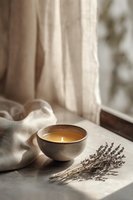 Scented candle in ceramic bowl with dried lavender sprigs on table near window with linen curtains for home decor and relaxation.