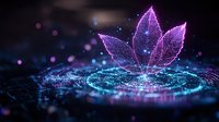 Glowing purple lotus flower made of light particles and digital waves on dark background with bokeh effects and sparkles. Spiritual concept for meditation.