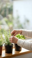 Senior woman hands tending fresh herb plants in pots on wooden windowsill, indoor gardening and sustainable living at home.