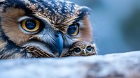 Close-up macro shot of owl eyes and beak against blue background, showing intricate feather detail and piercing yellow eyes. Dramatic wildlife photography.