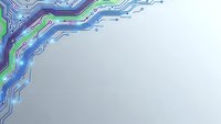 Abstract circuit board pattern with blue and green electronic pathways on gray background for technology designs and digital presentations.