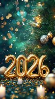 Gold foil number 2026 with Christmas tree, glitter, bokeh lights and burning candles on dark turquoise background with festive decorations.