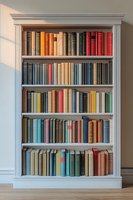 Classic white wooden bookshelf with colorful vintage hardcover books arranged on five shelves, casting soft shadows on wall, creating scholarly atmosphere.