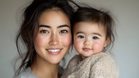 Young Asian woman with natural makeup and messy dark hair holding adorable toddler girl in beige knit sweater against neutral gray background, both smiling warmly at camera.