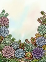 Watercolor succulent garden border with pastel pink, blue, purple, and green rosettes framing soft sky background, copy space for text.