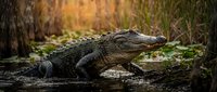 Large American alligator resting on muddy ground in natural swamp habitat with autumn foliage background, showcasing powerful predator in wetland environment.
