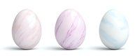 Marble textured Easter eggs in soft pastel colors of pink, lavender and blue arranged in row on white background, isolated decorative elements.