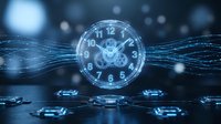 Futuristic holographic clock with glowing blue digital waves and light effects representing time management and technology concepts for business presentations.