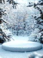 Snow-covered round podium in winter forest with falling snowflakes and pine branches frame. Magical seasonal background for product display and festive designs.