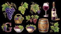 Assorted wine grapes, vineyard fruits, and winery elements isolated on transparent background. Ready for t-shirt designs, clipart, stickers, print-on-demand products, and sublimation projects.
