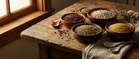 Assorted legumes and grains in ceramic bowls on rustic wooden table with linen cloth, natural lighting for cooking and food styling projects.