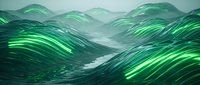 Flowing green waves with luminous streaks create an abstract landscape with glowing river valley, suitable for digital backgrounds and modern design projects.