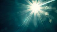 Bright sunburst with lens flare effect on dark turquoise background creates dramatic lighting atmosphere with glowing rays and bokeh elements.