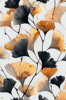 Elegant ginkgo leaves in black and golden orange watercolor pattern on white background, seamless botanical design for fabric and wallpaper projects.