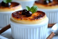 Creamy vanilla souffle with caramelized sugar crust, fresh blueberries and mint garnish in white ramekin, classic French dessert for fine dining and restaurants.
