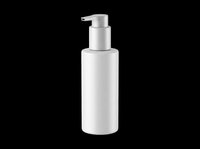White cylindrical pump bottle isolated on transparent background, ready for cosmetic, skincare, and cleaning product packaging design mockups, labels, and print-on-demand applications.