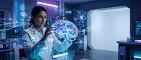 Female scientist examining holographic brain model with neural networks in futuristic laboratory with digital interfaces and neon lighting for medical research.