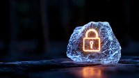 Glowing padlock symbol frozen in ice crystal with orange light illuminating transparent frozen structure against dark background. Digital security concept.