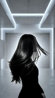 Woman with long glossy black hair in motion, standing in futuristic lit corridor, monochrome aesthetic for beauty and haircare campaigns.