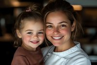Caucasian mother and daughter sharing tender moment with genuine smiles in warm atmospheric lighting, expressing joy and family bonding. Close up portrait shows natural connection.