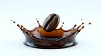Coffee bean dropping into dark roasted coffee creating dynamic splash crown with droplets on white background for beverage advertising and cafe branding.