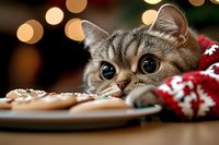 Adorable tabby kitten with big blue eyes lying on wooden surface with Christmas cookies and festive red blanket, warm bokeh lights in background.