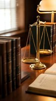 Golden scales of justice on wooden desk in law office with legal books and warm lamp lighting for attorney and courthouse concepts.