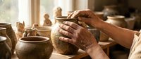 Skilled potter's hands shaping clay vessel on spinning wheel in sunlit ceramic studio workshop. Traditional craftsmanship and artisan pottery making process.
