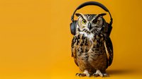 Funny owl wearing modern wireless headphones on vibrant yellow background, perfect for music, entertainment and education concepts. Studio shot with copy space.