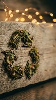 Dried herb wreath on rustic wooden surface with warm bokeh lights creating cozy atmosphere for natural home decor and wellness lifestyle concepts.