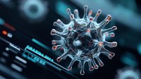 Microscopic view of virus cell with spike proteins floating in dark blue scientific background, medical research visualization for healthcare and biology education.