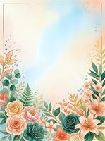 Watercolor floral frame with roses, lilies and greenery on pastel background with gold border and copy space for wedding or greeting card.