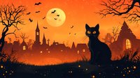 Black cat silhouette against orange sunset sky with full moon, bats and spooky town skyline. Dark bare trees and glowing fireflies create mysterious Halloween atmosphere.