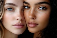 Close-up portrait of two diverse young women with natural makeup, blonde and dark-skinned models showing unity and friendship, faces touching in artistic composition.