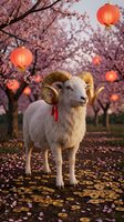 White goat with golden horns and red ribbon standing in blooming cherry orchard with red lanterns and gold coins, festive spring celebration scene.