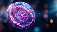 Glowing pink jellyfish with bioluminescent tentacles floating in dark blue water against blurred bokeh background, creating magical underwater atmosphere.