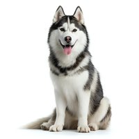 Siberian Husky dog with black and white fur sitting against white background, tongue out, looking at camera. Isolated for pet care advertising.