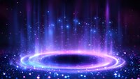 Glowing magical portal with blue and purple light beams, sparkles and energy particles creating mystical circular gateway on dark background.
