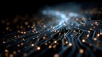 Futuristic circuit board with glowing connections and bokeh lights creating digital technology background for electronics and innovation concepts.