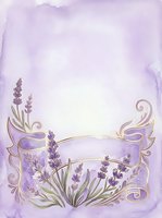 Lavender flowers with ornate purple ribbon banner on soft watercolor background, suitable for wedding invitations, greeting cards, stationery design and floral themed projects.