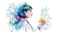 Female scientist in lab coat holding test tube with chemical formulas and molecular structures in watercolor style for educational content.